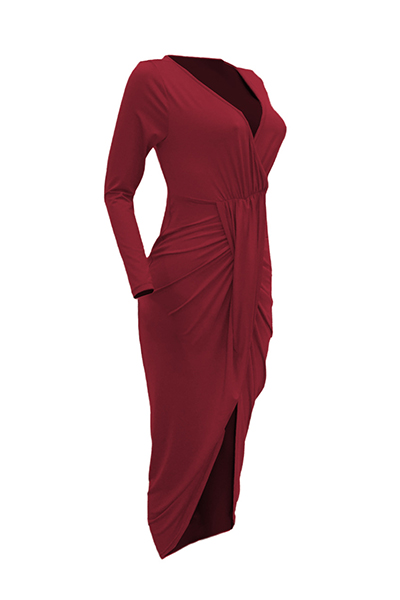 Sexy V Neck Half Sleeves Asymmetrical Red Polyester Sheath Mid Calf Dress