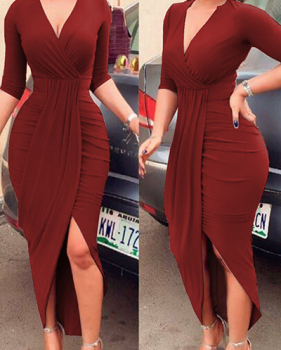 Sexy V Neck Half Sleeves Asymmetrical Red Polyester Sheath Mid Calf Dress