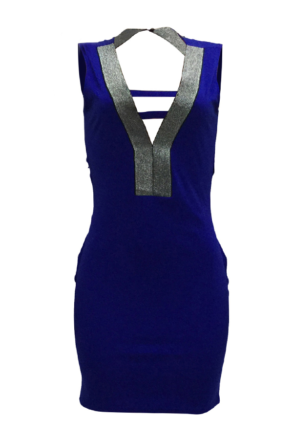 Sexy V Neck Hollow-out Blue Polyester Sheath Mini Dress