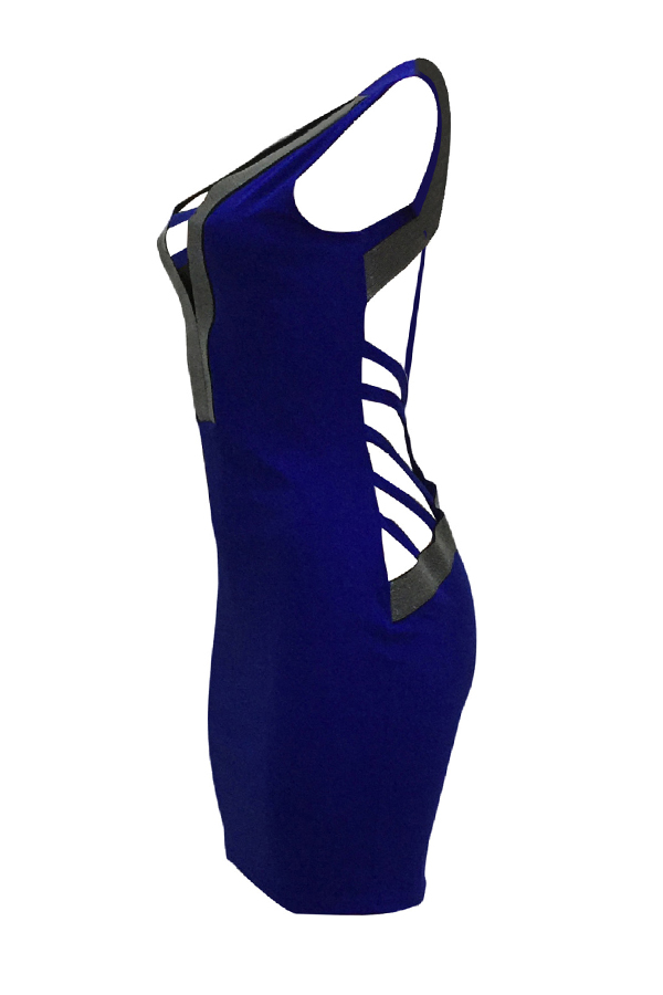 Sexy V Neck Hollow-out Blue Polyester Sheath Mini Dress