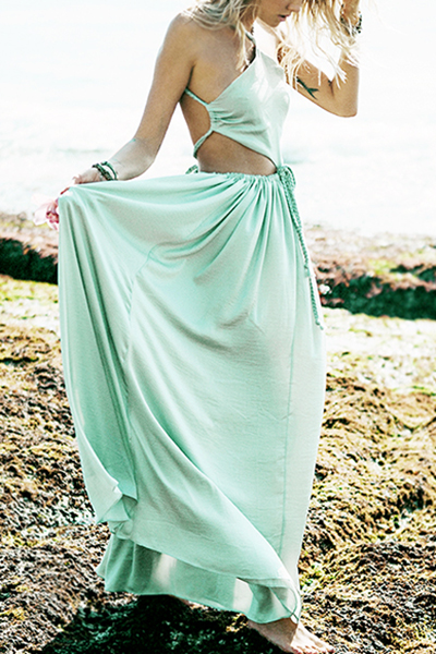 Sexy V Neck Hollow-out Green Chiffon Beach Ankle Length Dress