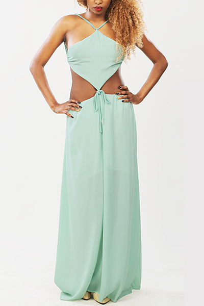 Sexy V Neck Hollow-out Green Chiffon Beach Ankle Length Dress