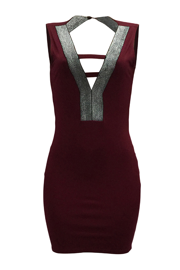 Sexy V Neck Hollow-out Wine Red Polyester Sheath Mini Dress