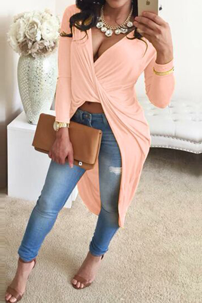 Sexy V Neck Long Sleeves Asymmetrical Pink Polyester Dress