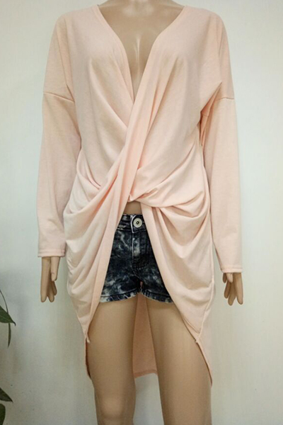 Sexy V Neck Long Sleeves Asymmetrical Pink Polyester Dress