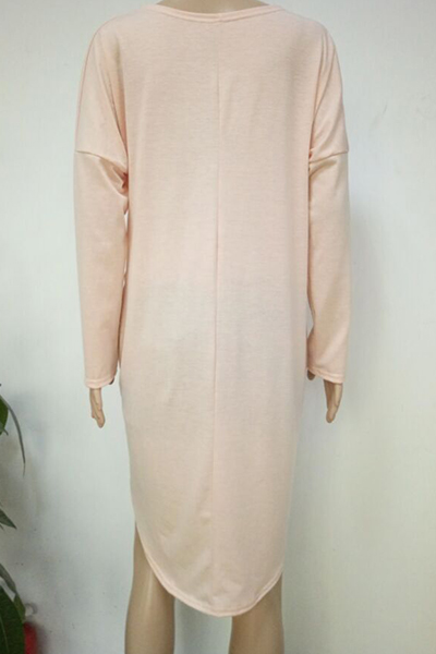 Sexy V Neck Long Sleeves Asymmetrical Pink Polyester Dress