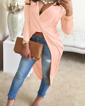 Sexy V Neck Long Sleeves Asymmetrical Pink Polyester Dress