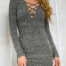 Sexy V Neck Long Sleeves Front Lace-up Hollow-out Grey Polyester Sheath Mini Knitting Dress