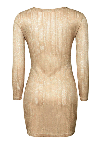 Sexy V Neck Long Sleeves Hollow-out Khaki Polyester Sheath Mini Dress