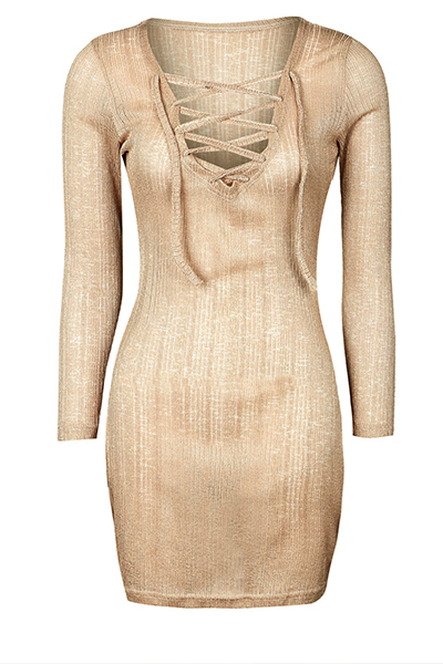 Sexy V Neck Long Sleeves Hollow-out Khaki Polyester Sheath Mini Dress