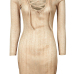 Sexy V Neck Long Sleeves Hollow-out Khaki Polyester Sheath Mini Dress