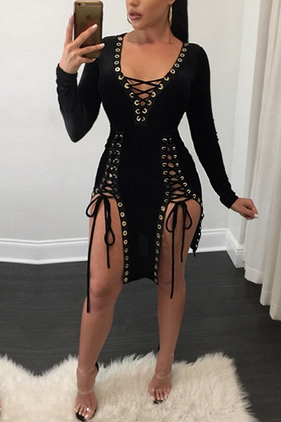 Sexy V Neck Long Sleeves Lace-up Hollow-out Black Healthy Fabric Mini Dress