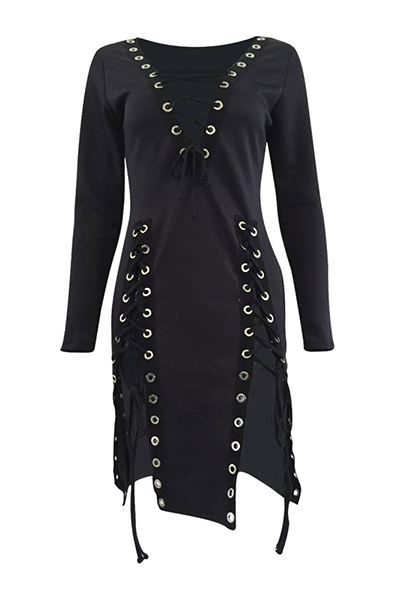 Sexy V Neck Long Sleeves Lace-up Hollow-out Black Healthy Fabric Mini Dress