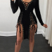 Sexy V Neck Long Sleeves Lace-up Hollow-out Black Healthy Fabric Mini Dress