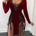 Sexy V Neck Long Sleeves Lace-up Hollow-out Wine Red Healthy Fabric Mini Dress