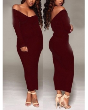 Sexy V Neck Long Sleeves Polyester Wine Red Sheath Mid Calf Dress