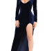 Sexy V Neck Long Sleeves Side Split Dark Blue Velvet Floor length Dress