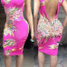 Sexy V Neck Print Sleeveless Rosy Polyester Sheath Knee Length Women Dress