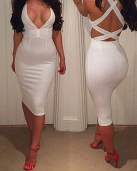 Sexy V Neck Sleeveless Bandage Backless White Polyester Sheath Knee Length Dress