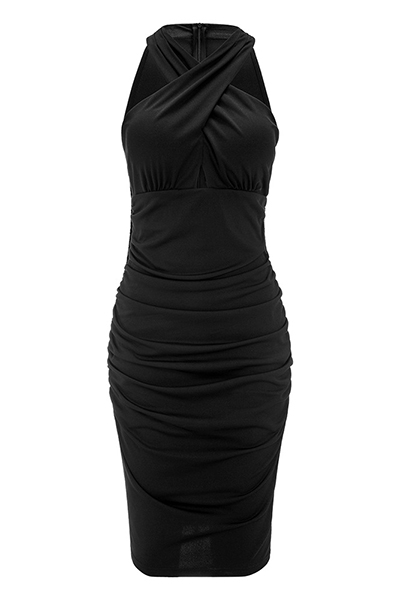 Sexy V Neck Sleeveless Drape Design Black Healthy Fabric Sheath Knee Length Dress