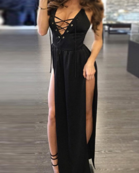 Sexy V Neck Sleeveless High Split Black Polyester Ankle Length Dress