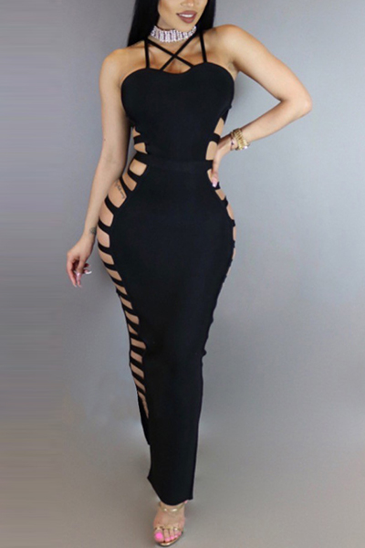 Sexy V Neck Sleeveless Hollow-out Black Polyester Ankle Length Dress