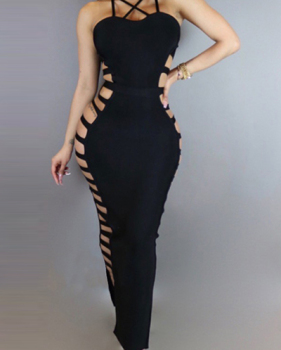 Sexy V Neck Sleeveless Hollow-out Black Polyester Ankle Length Dress