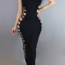 Sexy V Neck Sleeveless Hollow-out Black Polyester Ankle Length Dress