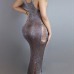 Sexy V Neck Sleeveless Hollow-out Silver Knitting Ankle Length Dress