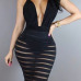 Sexy V Neck Sleeveless See-Through Backless Black Polyester Sheath Knee Length Dress