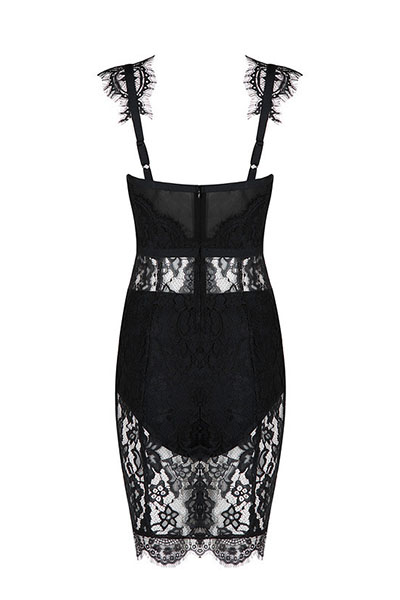 Sexy V Neck Sleeveless See-Through Black Lace Sheath Knee Length Dress