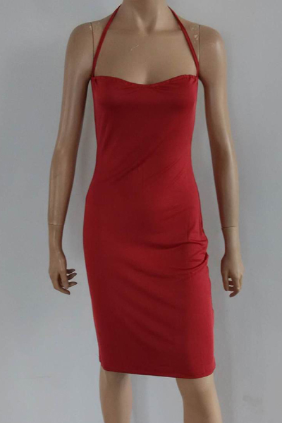 Sexy V Neck Spaghetti Strap Sleeveless Backless Red Polyester Sheath Mini Dress