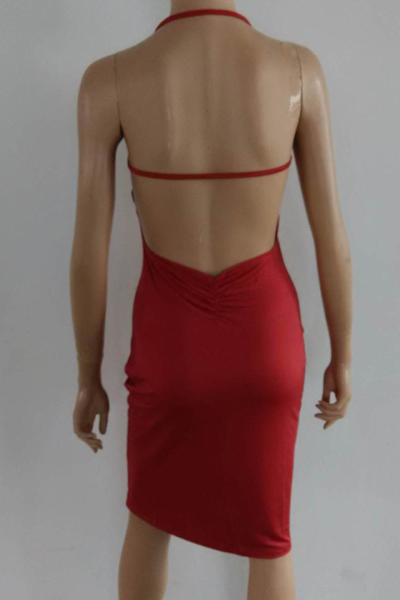 Sexy V Neck Spaghetti Strap Sleeveless Backless Red Polyester Sheath Mini Dress