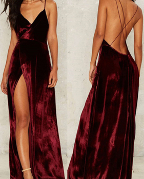 Sexy V Neck Spaghetti Strap Sleeveless High Split Wine Red Velvet Floor length Dress