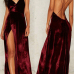 Sexy V Neck Spaghetti Strap Sleeveless High Split Wine Red Velvet Floor length Dress