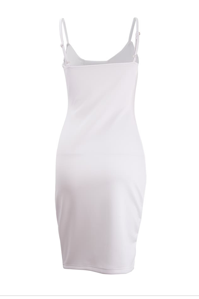 Sexy V Neck Spaghetti Strap Sleeveless White Cotton Sheath Knee Length Women Dress