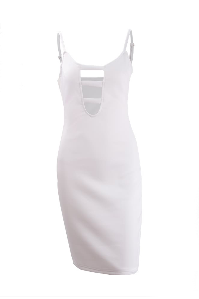 Sexy V Neck Spaghetti Strap Sleeveless White Cotton Sheath Knee Length Women Dress