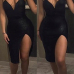 Sexy V Neck Strapless Off The Shoulder Sleeveless Side Split Black Sheath Knee Length Dress