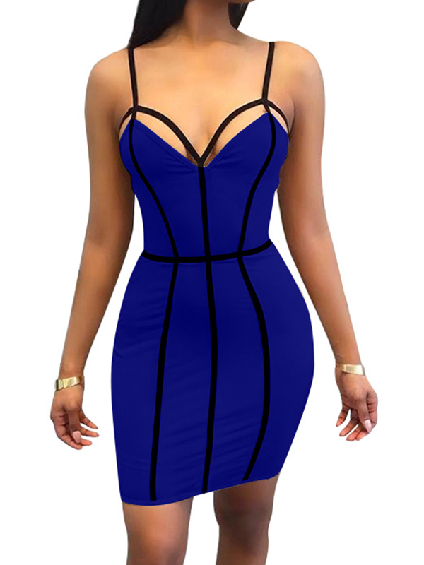 Sexy V Neck Striped Hollow-out Royalblue Milk Fiber Sheath Mini Dress