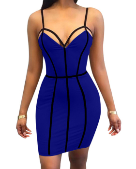 Sexy V Neck Striped Hollow-out Royalblue Milk Fiber Sheath Mini Dress