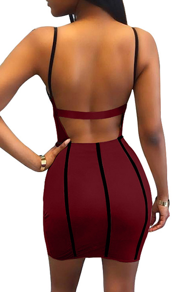 Sexy V Neck Striped Hollow-out Wine Red Milk Fiber Sheath Mini Dress