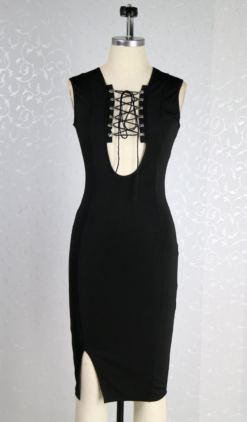 Sexy V Neck Tank Sleeveless Front Lace-up Hollow-out Side Split Black Cotton Blend Sheath Mini Dress