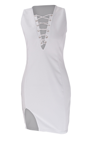 Sexy V Neck Tank Sleeveless Split Front Lace-up White Cotton Blend Sheath Knee Length Dress