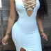 Sexy V Neck Tank Sleeveless Split Front Lace-up White Cotton Blend Sheath Knee Length Dress