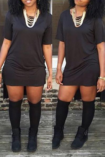 Simple O Neck Short Sleeves Black Cotton Blend Mini Dress (Without Accessories)