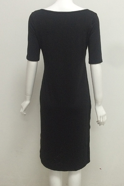 Simple O Neck Short Sleeves Black Cotton Blend Mini Dress (Without Accessories)