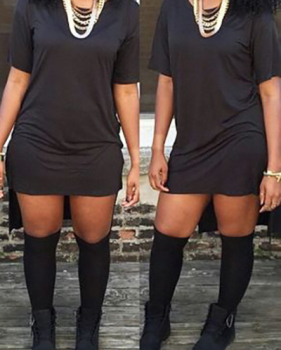 Simple O Neck Short Sleeves Black Cotton Blend Mini Dress (Without Accessories)