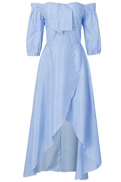 Stylish Dew Shoulder Asymmetrical Blue Polyester Ankle Length Dress