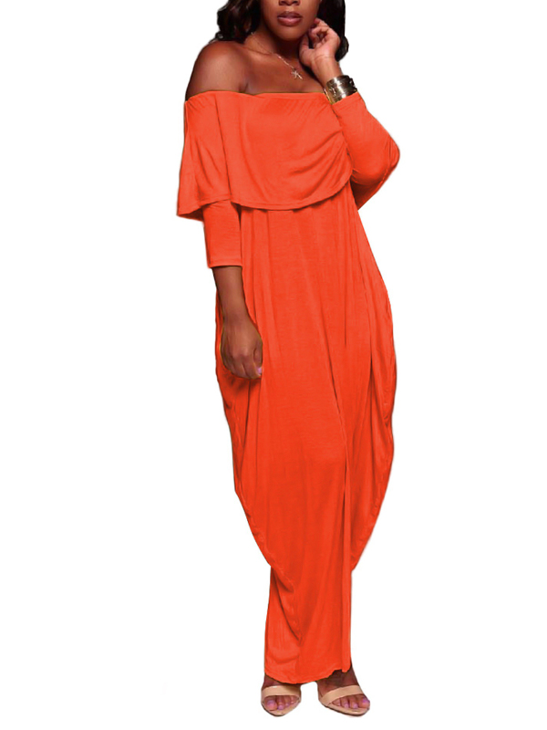 Stylish Dew Shoulder Falbala Design Orange Polyester Ankle Length Dress