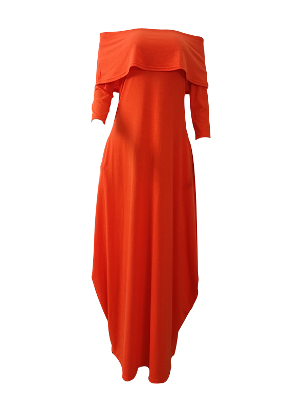 Stylish Dew Shoulder Falbala Design Orange Polyester Ankle Length Dress